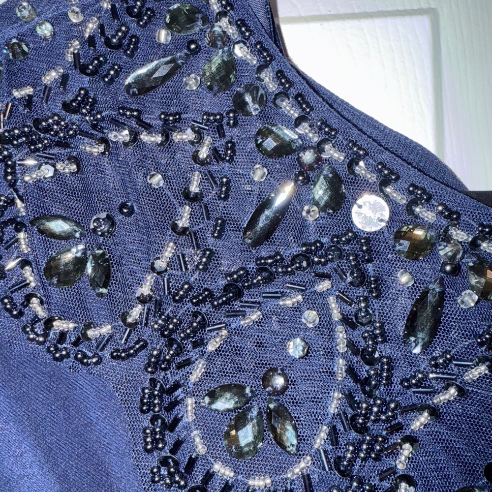 Xscape Navy Long Sleeve Gown with Embellished Neckline - Picture 3 of 6